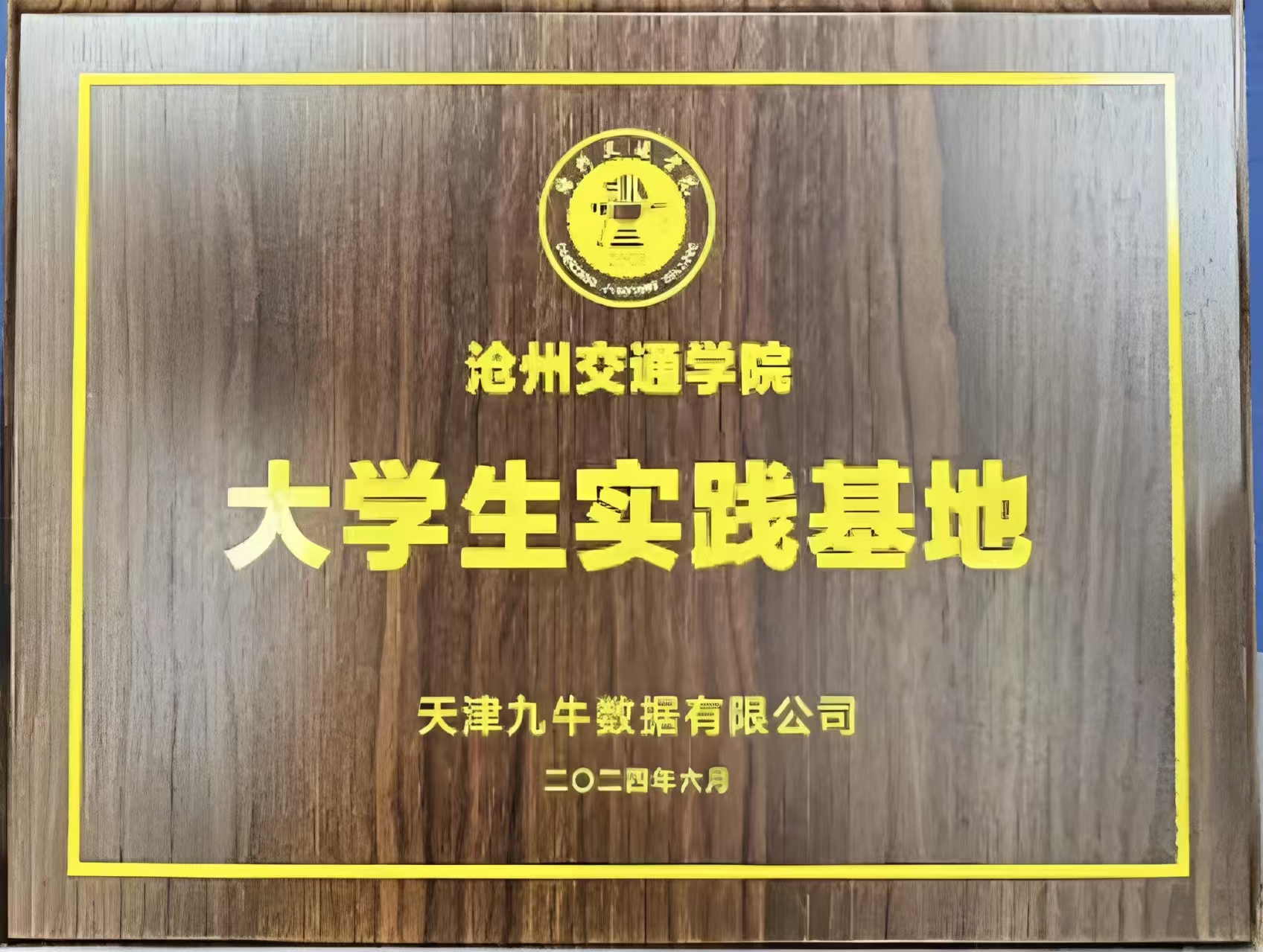 沧州交通学院授予天津九牛数据有限公司大学生实践基地木质牌匾实拍，二〇二四年六月颁发